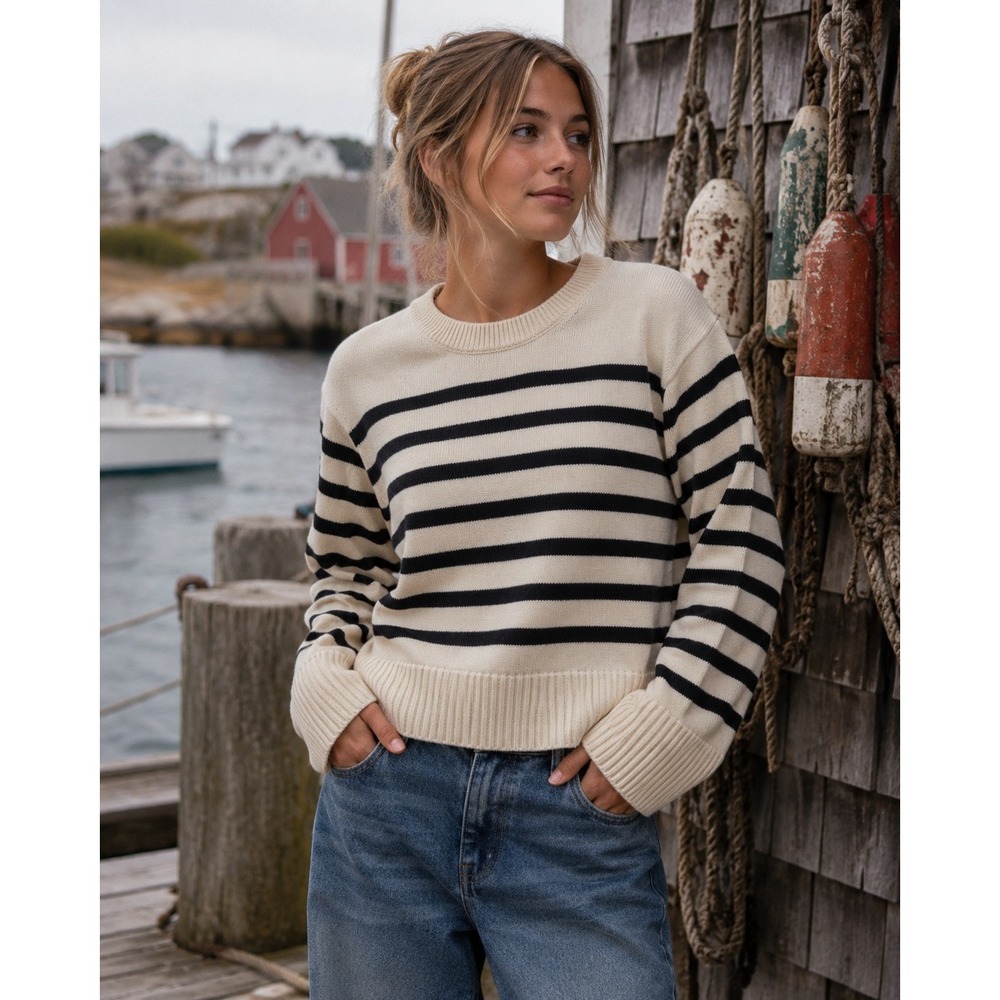 Gap Sweater Women XL Cream Black Coastal Striped Cotton Boxy Nautical Preppy
